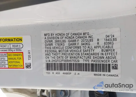 2024 Honda Civic Sport from USA, damaged, VIN 2HGFE2F56RH575529